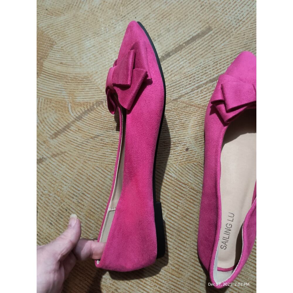 Sailing Lu Women Sz44 Flats Pink Bow Pointed Toe Slip On Shoes Drag Ballet Strip - Picture 5 of 13